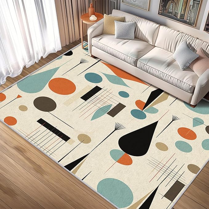 Mid Century Rugs for Living Room 7x7, Retro 50s Geometric Abstract Modern Pattern Design Area Rug, Mid Century Bedroom Decor Carpet, Non Slip, Washable (RG670)