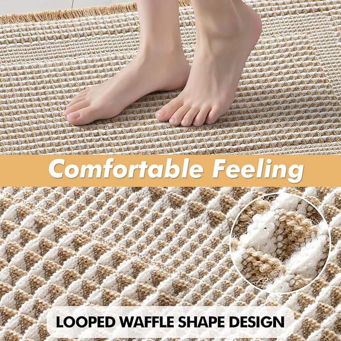 MIULEE Set of 2 Waffle Bathroom Rugs, Boho Bath Rug Super Absorbent, Non Slip Washable Ultra Soft Rubber Backed Beige Bath Mats for Floor, Tub, Shower, Looped Design, Brown & Cream, 18x30 Inch