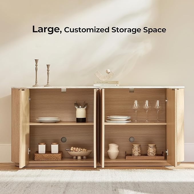 CHITA 70" Sideboard Buffet Cabinet with Storage, Fluted Cabinet with Doors and Adjustable Shelves, Natural Oak - Faux Marble