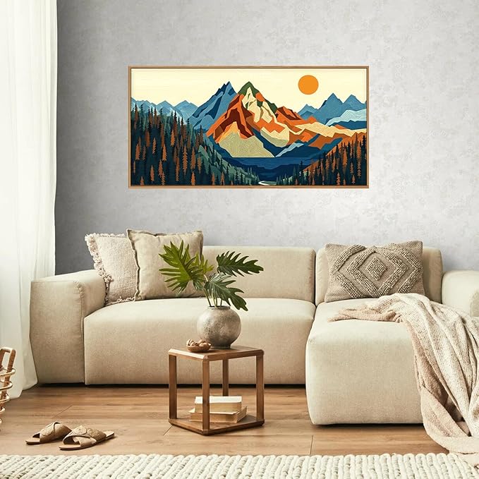 FWIEXA Vintage Mountain Framed Canvas Wall Art Set, Boho Sunrise Wall Prints, Abstract Nature Forest Artwork, Retro Lake Sunset Painting, 20x40 Inches Modern Rustic Decor for Living Room, Bedroom, Office