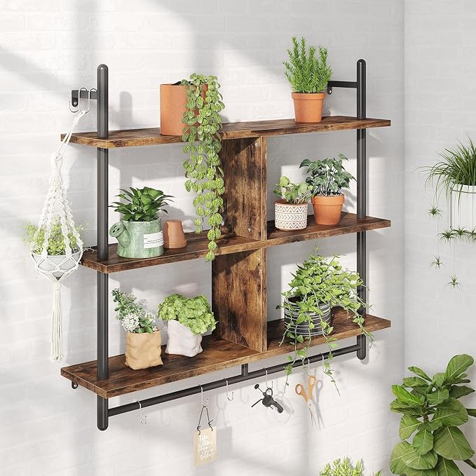 3 Tiers Wood Floating Shelving with Hooks, Industrial Wall Mounted Shelf Modern Wall Shelves Hanging Vintage Display Storage Shelf for Living Room Bathroom Bedroom Kitchen Coffee Bar