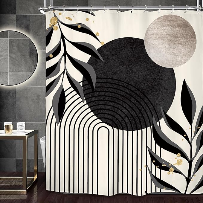 Miyotaa Abstract Minimalist Shower Curtain Set 60Wx71H Inches Modern Aesthetic Dark Gray Black Contemporary Plant Leaves Neutral Geometric Waterproof Bathroom Curtain with 12 Hooks