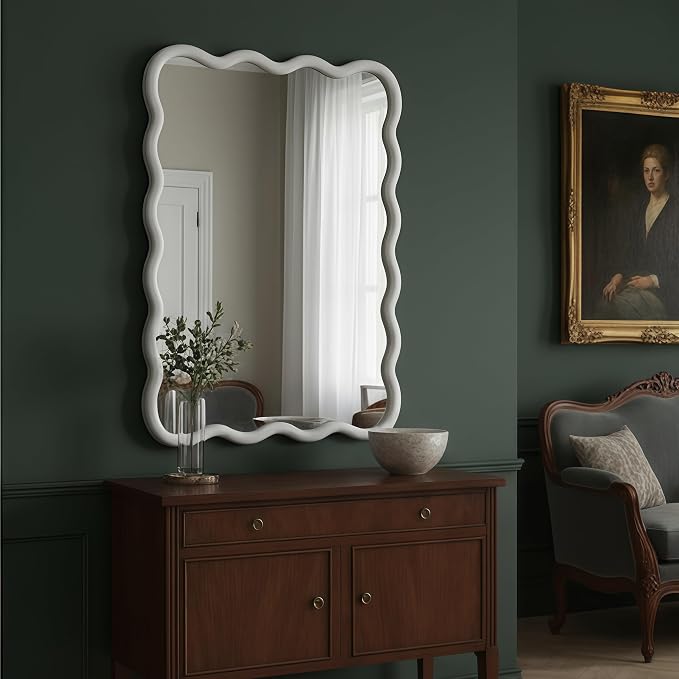 40x30 Inch Wooden Wavy Rectangle Wall Mirror, Modern Solid Wood Frame Decorative Accent Mirror for Bedroom, Bathroom, Living Room, Entryway, White