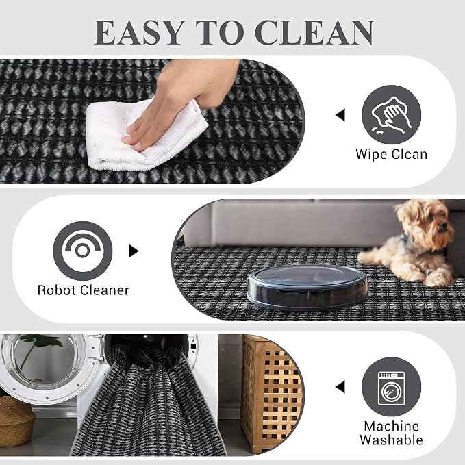 9x12 Area Rug Washable Modern Braided Rug for Living Room Low Pile Soft Bedroom Rugs Non Slip Modern Indoor Large Carpet Thin Foldable Distressed Woven Print Carpet for Nursery Dining Playroom, Black