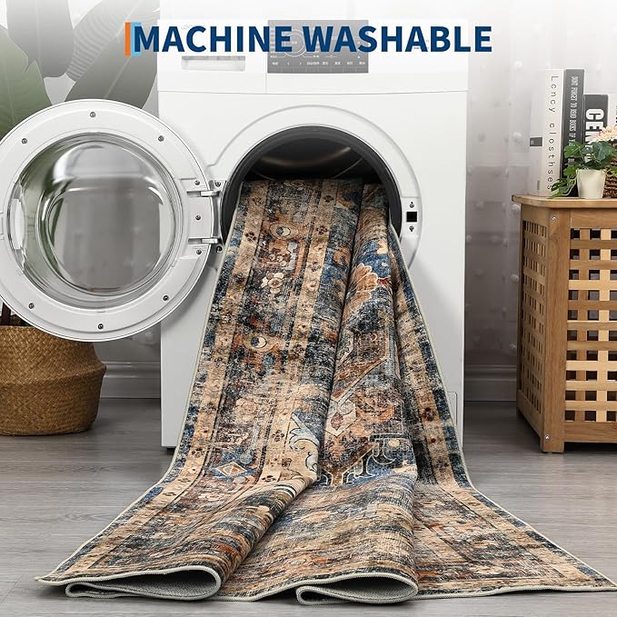 Washable 4x6 Area Rug Boho Vintage Floral Small Carpet Low Pile Soft Bedroom Carpet Non Slip Office Rugs Non Shedding Floor Covers for Nursery Kitchen Dining Living Room Blue Brown