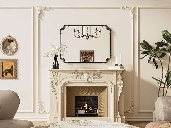 TETOTE Baroque Antique Black Rectangle Scroll Wall Mirror 40 x 30 Vintage Rounded Corner Framed Baroque French Rectangular Mirror for Mantle Fireplace Bathroom Living Room, Horizontal/Vertical