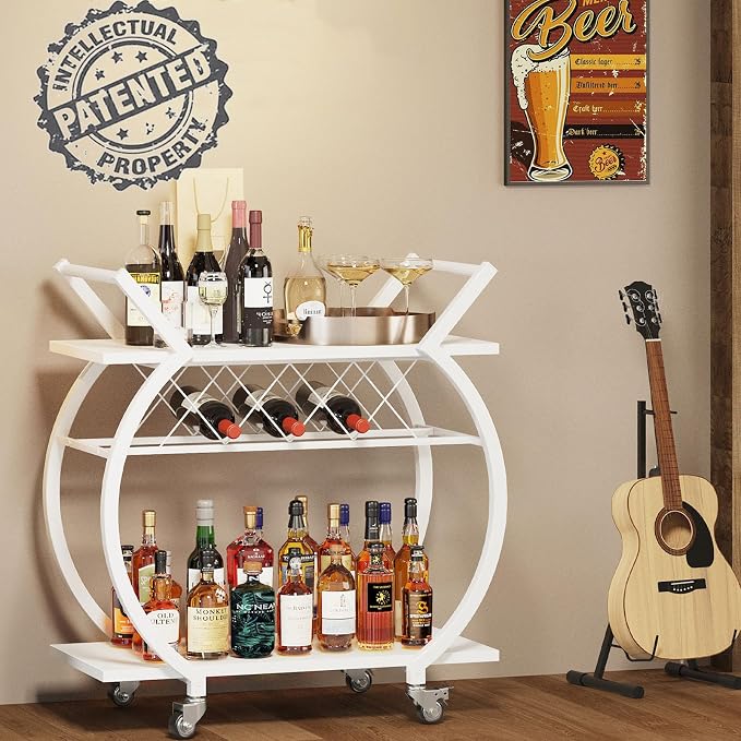 LVB White Bar Cart, Modern Rolling Serving Wine Cart with Storage, Industrial Wood Metal Kitchen Island Beverage Cart with Wheels, Microwave Drink Liquor Cart Table for Home Dining Living, White Oak
