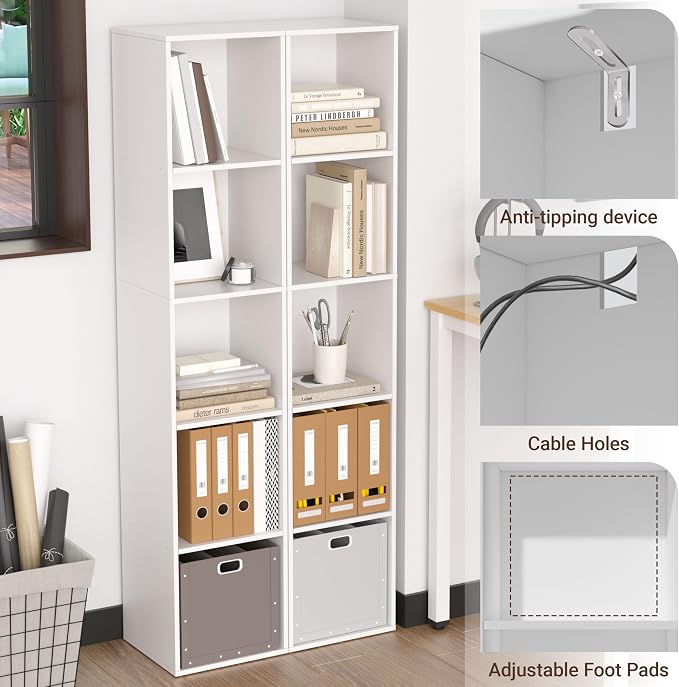 Cube Bookshelf, 5 Cube Storage Organizer, Freestanding 5 Tier Open Display Shelf with Eco-Friendly Melamine Surface for Home Office, Bedroom, Living Room, Study, White