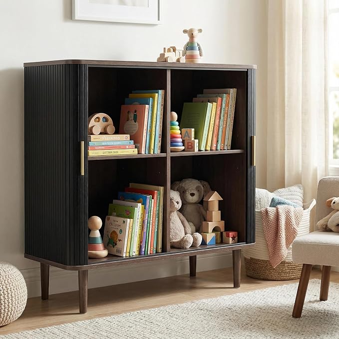 AKMAKM 35" Fluted Accent Buffet Cabinet, Black Small Storage Sideboard with Sliding Door, Mid Century Modern Credenza with Solid Wood Leg, Wine Coffee Bar Console Table for Kitchen, Entryway, Living