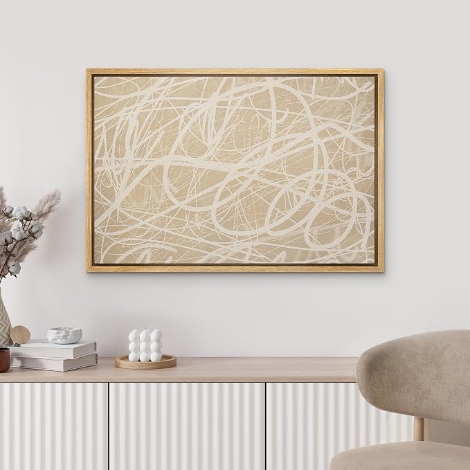 MUDECOR Framed Canvas Print Wall Art Beige Abstract Line Scribble Modern Minimal Illustrations Minimalism Decorative Bohemian Zen for Living Room, Bedroom, Office - 24"x36" NATURAL