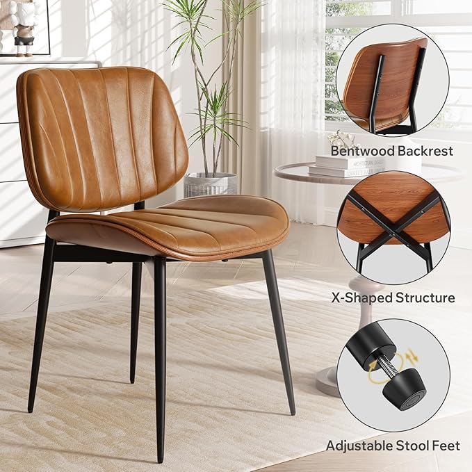 Dining Chair, Mid Century Modern Dining Room Chairs, Upholstered Faux Leather Kitchen Chairs with Walnut Bentwood Back and Metal Legs for Kitchen Dining Room Living Room, Brown