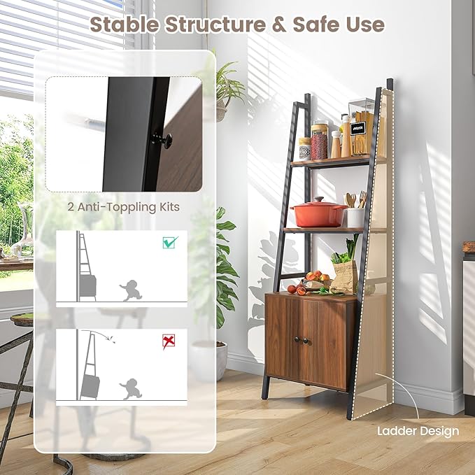 Tangkula 4-Tier Ladder Shelf with Cabinet, 63” Tall Bookshelf, Industrial Bookcase with Metal Frame, Floor Display Shelf Storage Rack for Living Room Study Home Office (1, Rustic Brown)