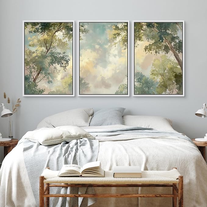 wall26 Framed Print Wall Art Set Soft Pastel Sky and Tree Canopy Abstract Nature Decorative Minimal Relax/Zen for Living Room, Bedroom, Office - 24"x36"x3 White