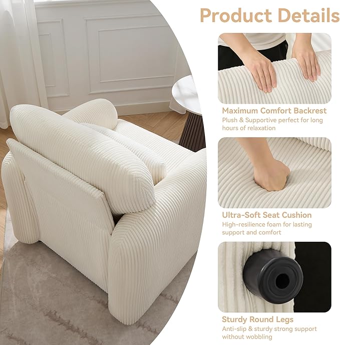 Corduroy Fabric Accent Chairs Set of 2, Modern Upholstered Living Room Chairs with Lumbar Pillow, Wide Comfy Leisure Armchair for Bedroom, Office, Reading, White