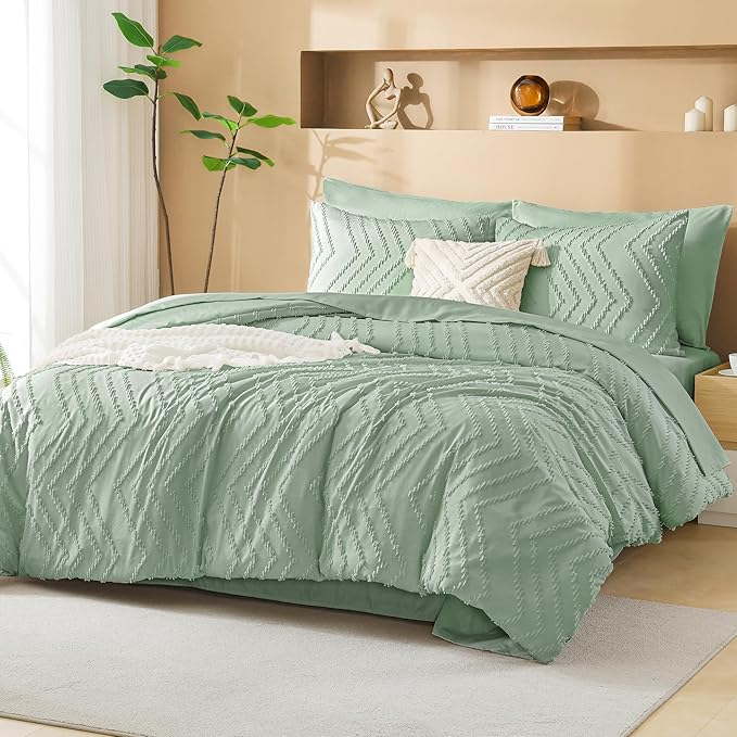 Litanika Sage Green Queen Size Comforter Set with Sheets - 7 Pieces Bed in a Bag Queen Boho Tufted Complete Bedding Sets with Comforter, Sheets, Pillowcases & Shams