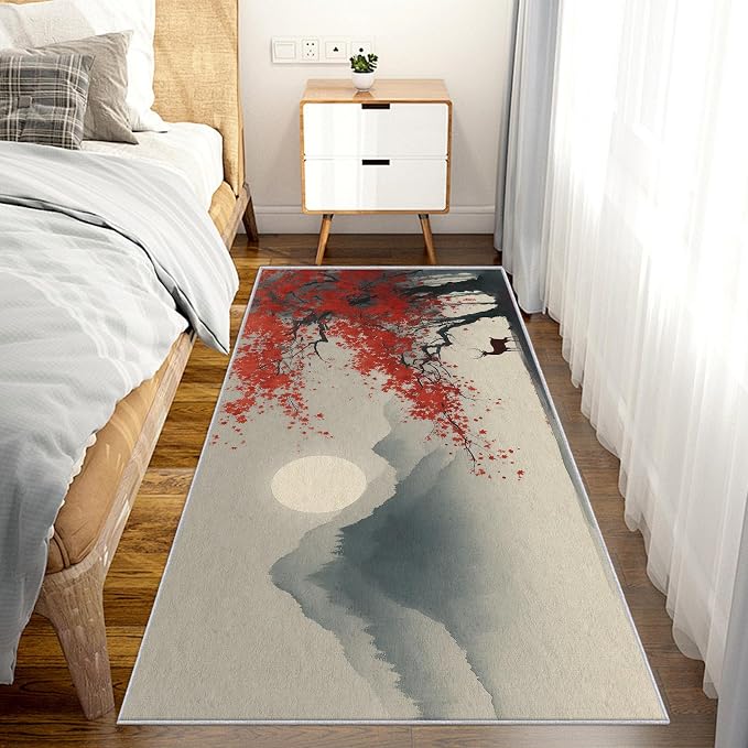 Asian Deer Runner Rug 3x12, Japanese Ink Design, Chinese Area Rug, Washable Carpet Runner for Bedroom, Standard Hallways, Kitchen Walkway, Dining Room Sideboard