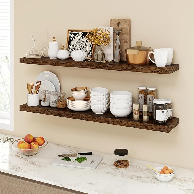 48 Inch Floating Shelves, 9.3" Deep Floating Shelf Wall Mounted, 48" Wall Shelves, Rustic Deep Bookshelf, Large Display Shelves & Storage Shelves for Bedroom, Living Room, Brown, Set of 1