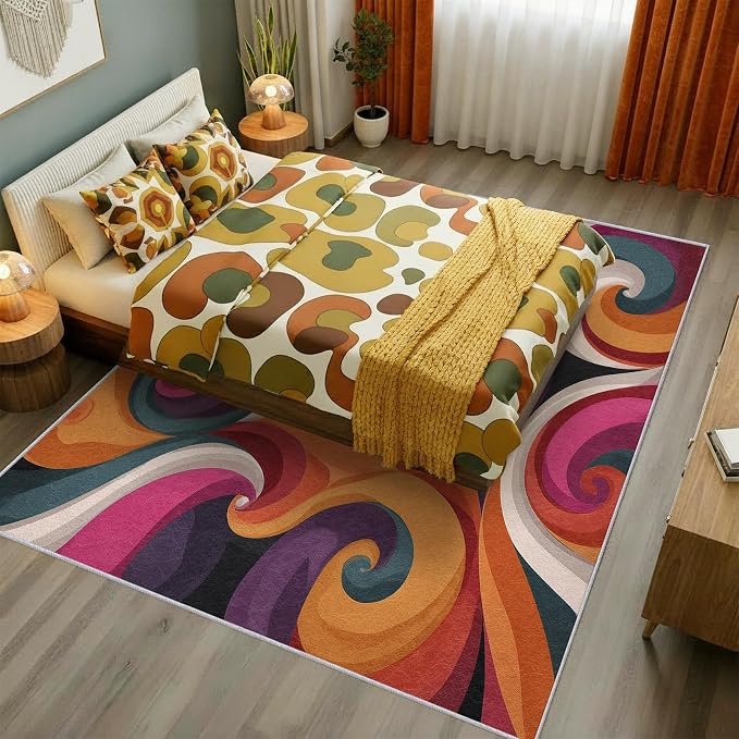 70s Rug 6x9 Retro Funky Hippie Psychedelic Swirl Pattern Area Rugs for Living Room, Bedroom, 70s Home Decor Accessories Indoor Carpet, Non Slip & Machine Washable, GD0399