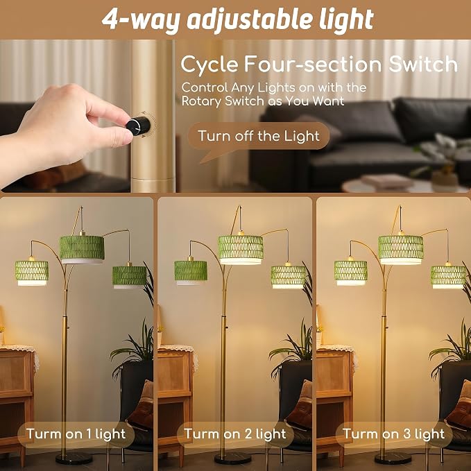 Gold Rattan Floor Lamp for Living Room, 80 Inch Tall Boho Floor Lamp with Rotary Switch, 3 Lights Arc Lamp with Green Wicker Shade for Coastal,Bohemian,Tree Farmhouse Standing Lamp