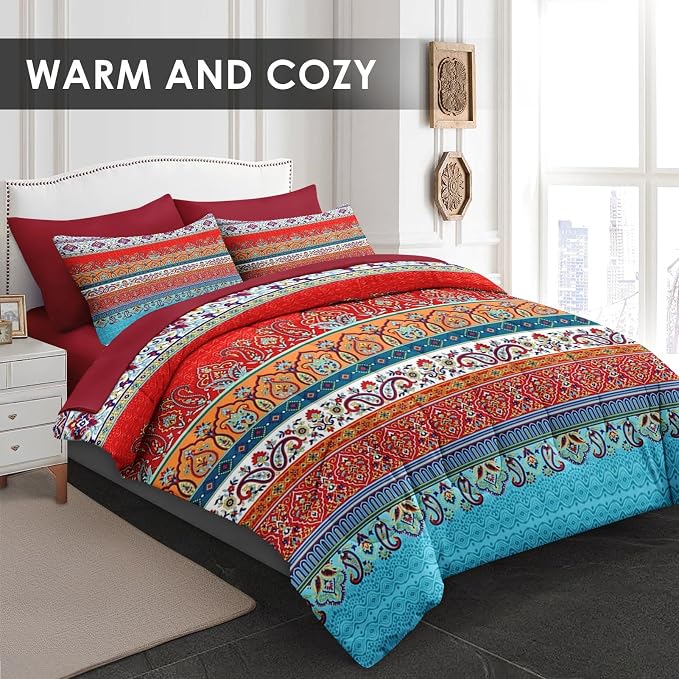 Nesker Comforter Set King Size, Ethnic Geometric Flower 7 Pcs Bedding for Kids and Adults, Vintage Paisley Leaf Floral Bed Sheet Sets with Fitted Sheet 2 Pillowcases & 2 Shams