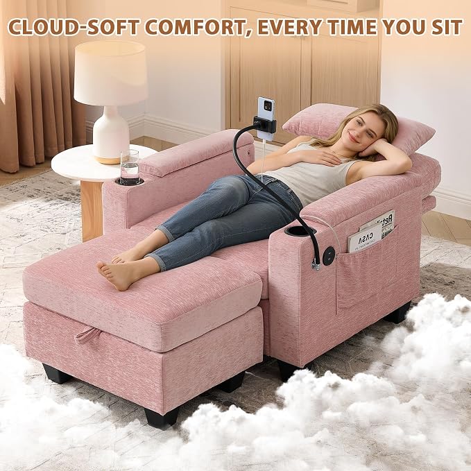 Oversized Chaise Lounge Chair Indoor, Single Convertible Recliner Reading Arm Sofa Chair W/Adjustable Backrest & Charging Port Couch Bed for Living Room, Home Theater & Bedroom, Pink