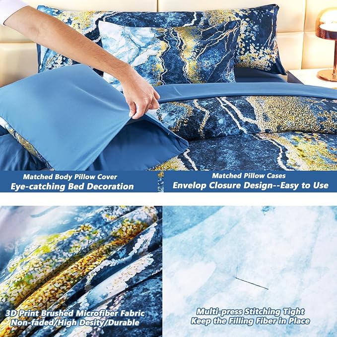 PERFEMET 6 Piece Blue Comforter Set Full Bed in A Bag Set Aesthetic Capri Blue and Gold Marble Bedding Set with Sheets Soft Luxury Watercolor Burning Mountain Printed Bedroom Sets(Capri Blue, Full)