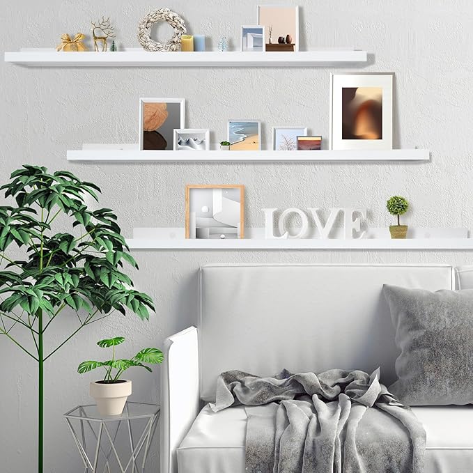 MBYD White Floating Shelves, Modern Photo Shelves with Lip, 24 Inch Wall Mount Picture Ledge Wall Shelf for Bedroom Kitchen Office Living Room Kitchen, Nursery Book Shelves Set of 3 Same Dimension