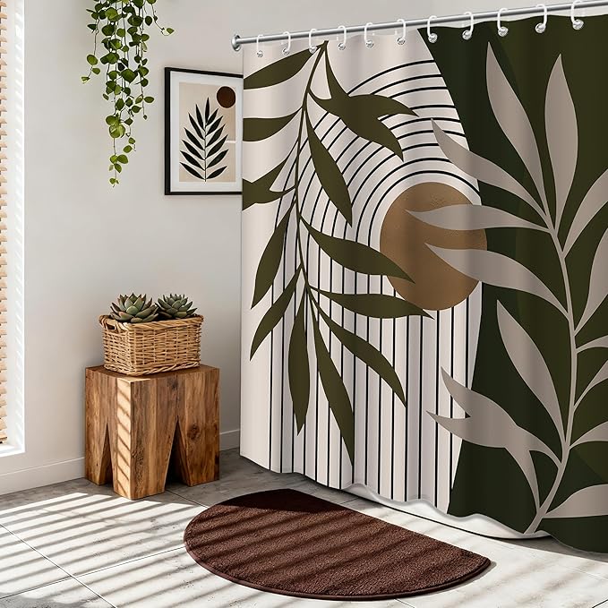 Taupe Shower Curtain Tan and Brown Boho Mid Century Modern Shower Curtains for Bathroom Decor Sets, Waterproof Fabric with Hooks, 70" W x 72" L