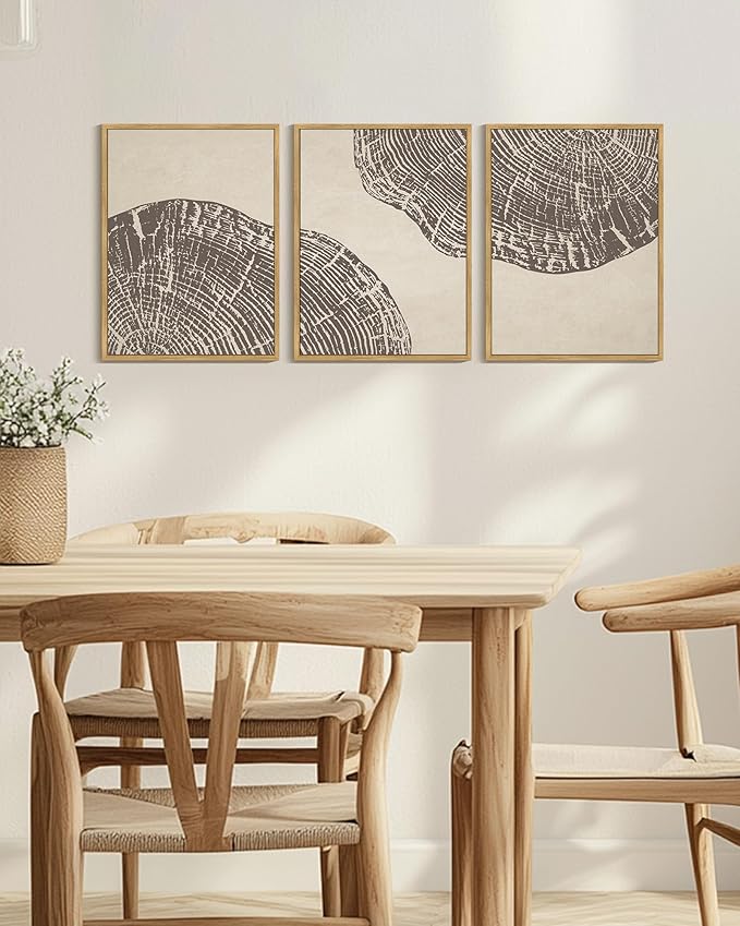 KUVIOKE Framed Tree Rings Wood Wall Art Modern Retro Beige Wood Stump Wall Decor Nature Rustic Art Print for Farmhouse Living Room Bedroom 12x16in (Natural Framed)