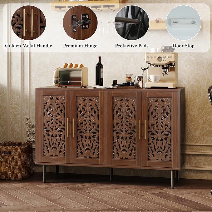 ARTPOWER 47.8" Accent Cabinet with 4 Doors, Vintage Hollow Carving Buffet Cabinet, Sideboards and Buffets with Storage, Credenza for Living Room, Kitchen, Dining Room, Entryway, Hallway, Brown