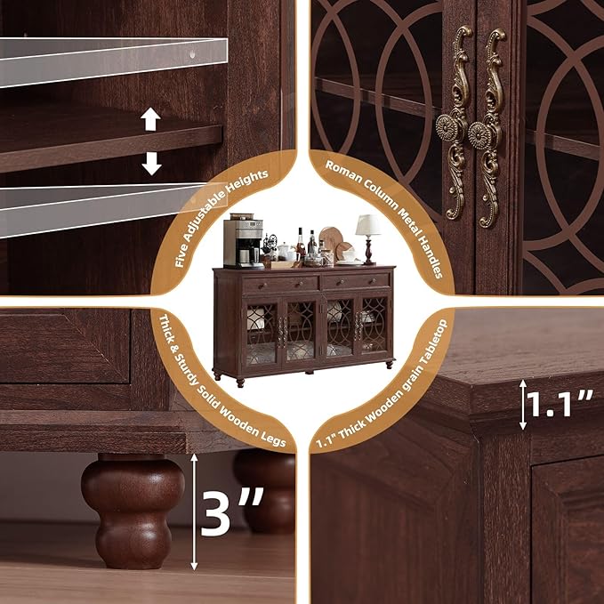 Large Sideboard Buffet Cabinet with Storage,59" Credenza with 4 Glass Doors & 2 Drawers,Adjustable Shelves Coffee Bar,Wood Kitchen Console Table for Dining Room,Living Room,Walnut