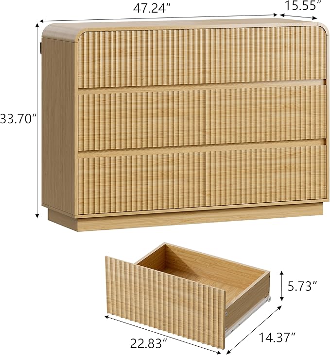 Oak Dresser Fluted 6 Drawers Dresser for Bedroom, 47" Wide Wood Chest of Drawers with Hidden Handles & Rounded Corners, Modern TV Stand Storage Cabinet for Living Room, Hallway, Entryway