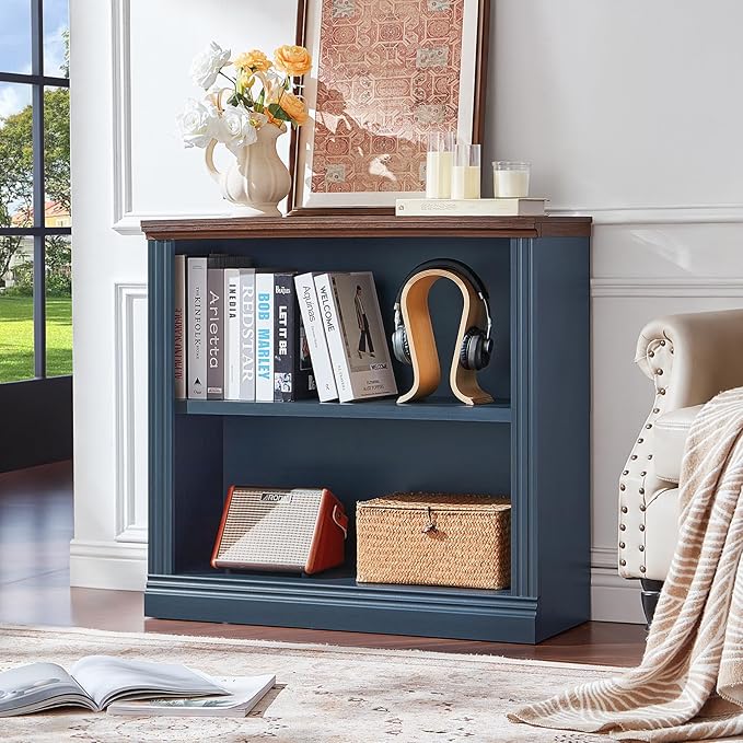 RWYHG 30" Blue Bookshelf,2-Tier Thick Wooden Book Shelf with Adjustable Shelves,Free Standing Farmhouse Bookcase with Open Display Storage,Floor Vintage Bookshelves for Living Room,Office