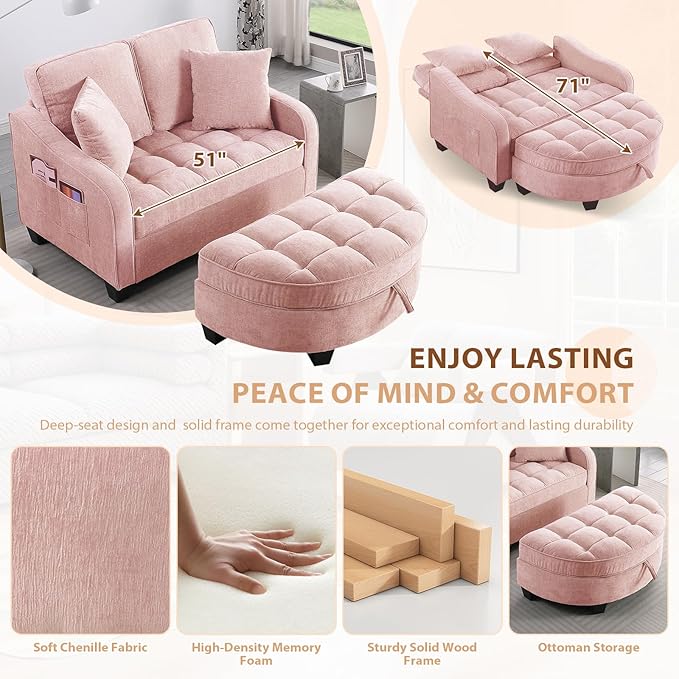 Oversized Curved Chaise Lounge Chair Indoor with Ottoman, 54.8" Cloud Boneless Reading Chair Soft Chenille Circle Couch w/Adjustable Backrest for Living Room, Apartroom, Bedroom, Pink