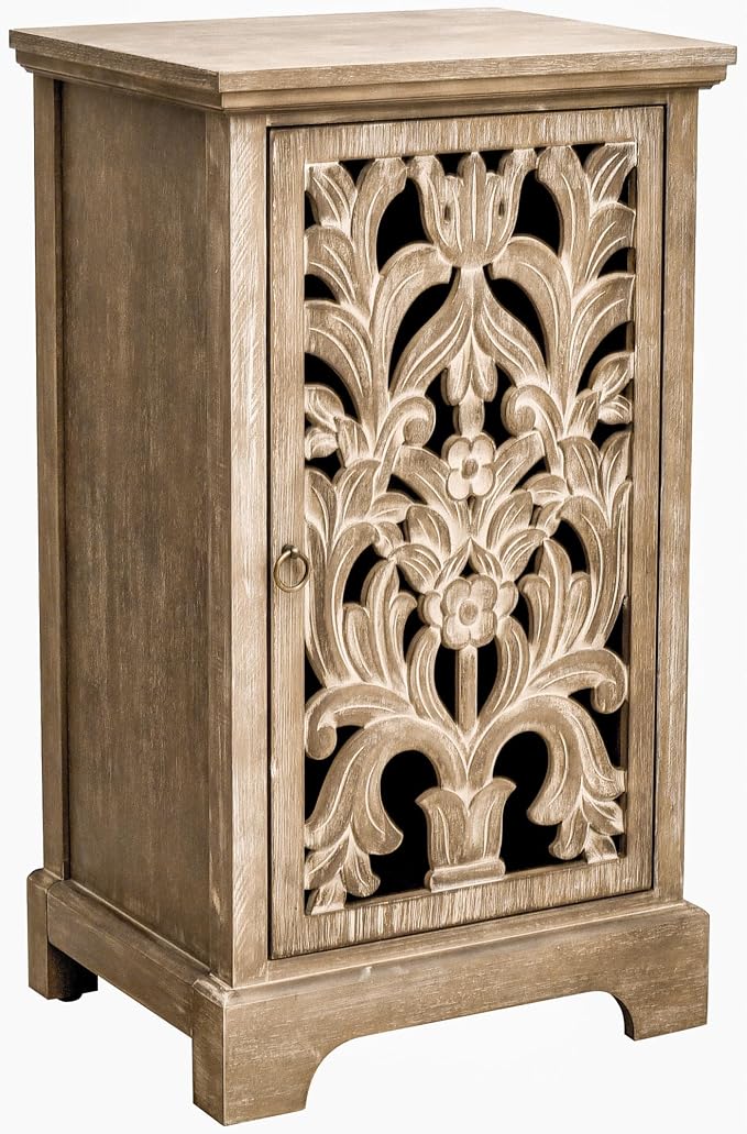 eHemco Vintage Hollow Carved Door End Table, 18 x 14 x 30.5 Inches, Storage Cabinet with Decorative Panel, Indoor Living Room Side Table, Natural