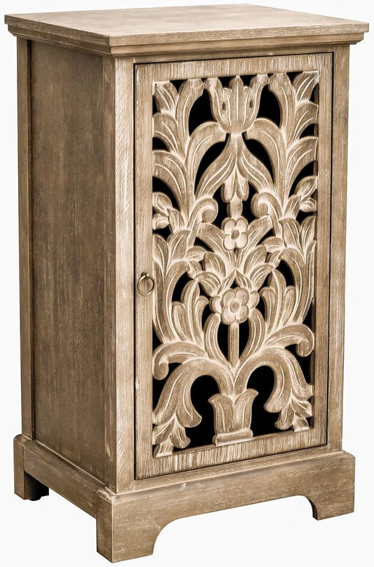 eHemco Vintage Hollow Carved Door End Table, 18 x 14 x 30.5 Inches, Storage Cabinet with Decorative Panel, Indoor Living Room Side Table, Natural