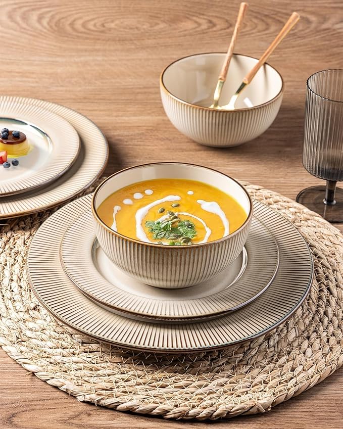 GBHOME Ceramic Dinnerware Sets, 24 Piece Embossed Elegant Stoneware Plates and Bowls Sets, Housewarming Wedding Gift | Dishwasher & Microwave Safe | Dishes Set Service for 8