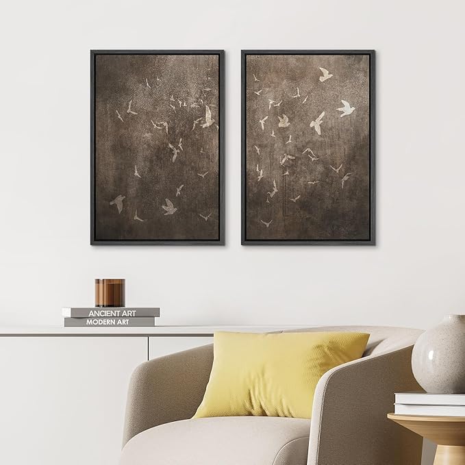 IDEA4WALL Framed Canvas Print Wall Art Set Flying Birds Silhouette Rustic Neutral Tone Abstract Illustrations Modern Art Decorative Calm/Zen for Living Room, Bedroom, Office - 16"x24"x2 Black