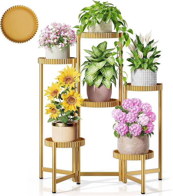6 Tier Large Tiered Plant Stand Indoor, 7.9 Inch Wide Tall Corner Metal Plant Stands Outdoor for Multiple Plants, Folding Tall Flower Display Holder Rack Shelf for Patio Porch -GoldFloroma