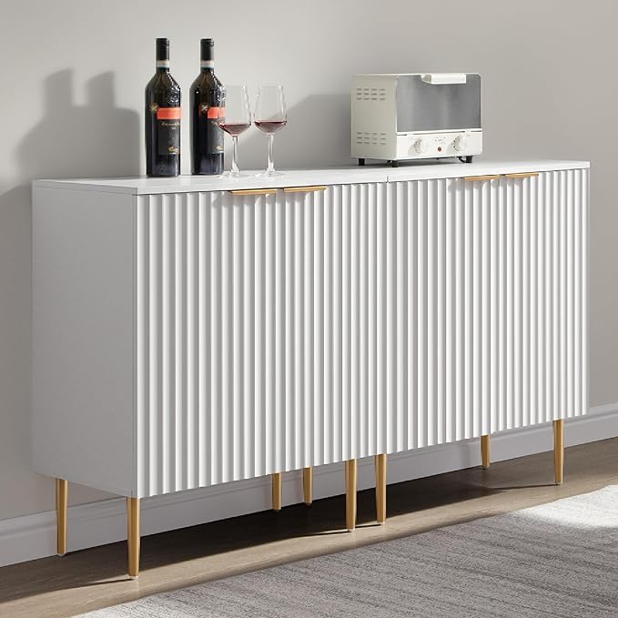 SICOTAS 57" Modern Sideboard Buffet Cabinet - Elegant Storage Credenza with 4 Doors & Adjustable Shelf, Space-Saving Console Coffee Bar Table for Entryway, Kitchen, Living Room or Hallway,White