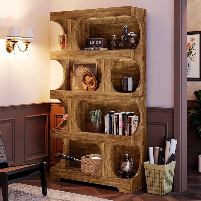 Tribesigns 71" Tall Bookcase, 4-Tier S-Shaped Bookshelf, Wood Decorative Storage Shelving, Modern Freestanding Display Shelves, Large Library Book Shelf Unit for Home Office Living Room Bedroom, Brown