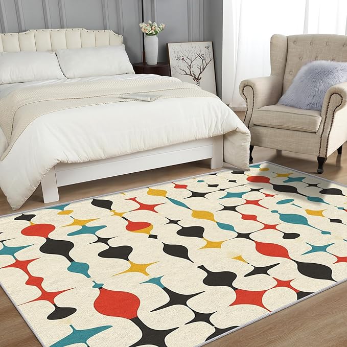 Mid Century Rugs for Living Room 6x9, Retro 50s Colorful Geometric Abstract Modern Pattern Design Area Rug, Mid Century Bedroom Decor Carpet, Non Slip, Washable (RG707)