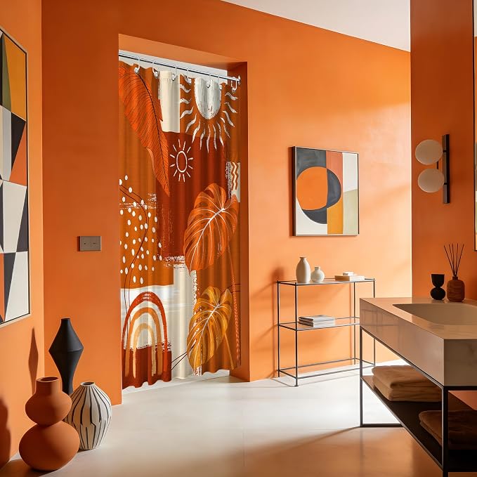 Small Stall Narrow Shower Curtain Burnt Orange Stand Up Mid Century Modern Leaf Shower Curtains for Rv Camper Bathroom Decor Sets, Waterproof Cloth Fabric with Hooks, 36 x 72 Inch