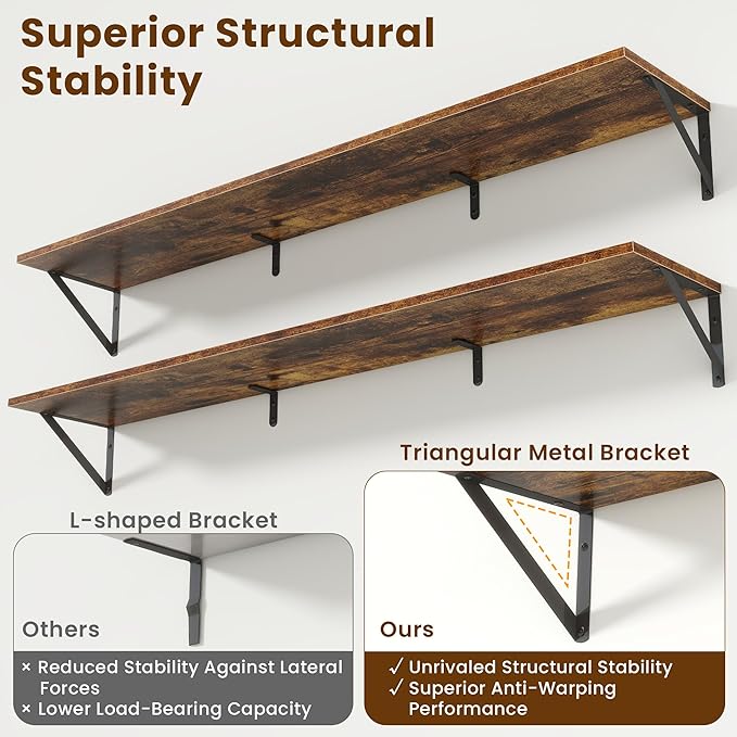 55" Long Wall Mounted Floating Shelves,8 inch Deep Floating Shelf with Metal Brackets Set of 2,Easy-to-Install Wall Decor Storage Ledges for Living Room,Bathroom,Bedroom,Kitchen,Office,Rustic Brown