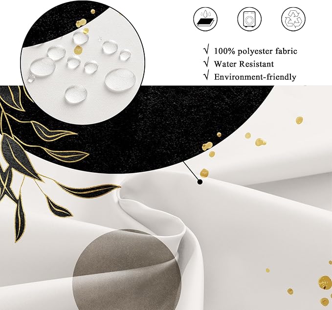 Riyidecor Small Stall Black Gold Boho Shower Curtain for Bathroom Decor 36Wx72H Mid Century Modern Abstract Gold Leaves Minimalist Geometric Art Printed Fabric Polyester Waterproof 7 Pack Plastic Hook