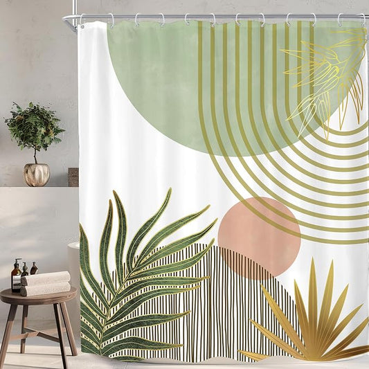 KOMLLEX Mid Century Boho Shower Curtain for Bathroom Decor Abstract Green Modern Minimalist Red Aesthetic Sun Arch Curve Leaves Geometric Neutral Fabric Waterproof Polyester 12 Pack Hook 60Wx72H