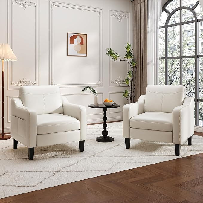 MALOL PU Leather Accent Chair Set of 2, Mid-Century Modern Living Room Armchair Sofa with Removable Cushions, Solid Wood Frame & Stitched Armrest Design, Bedroom Chair with Plastic Legs, Beige