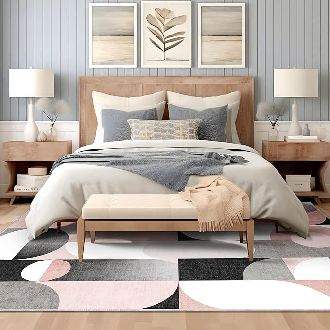 6x9 Area Rugs Pink Washable Rug for Living Room Bedroom,Large Modern Non Slip Carpet for Kitchen Dining Room,Blush Grey Black