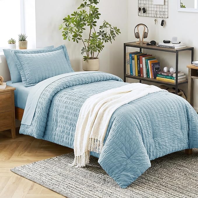 CozyLux Twin XL Comforter Set for College Dorm, 5 Pieces Light Blue Seersucker Twin Extra Long Bed in a Bag, Down Alternative Bedding Set with Comforter, Sheets, Pillowcase & Sham, Back to School Gift