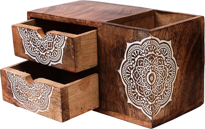 Wooden Hand craved Desk Organizer Pencil Pen Stationery Holder Cosmetic Storage Desk Box Home Office Art Supplies with 2 Drawer Wooden Tabletop Stationery Holder with 2 Drawers Storage Cabinet